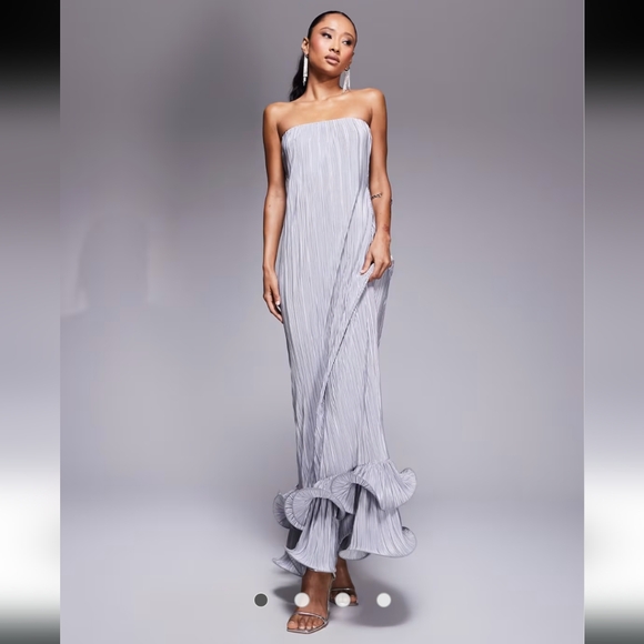 ASOS | Dresses | Asos Design Bandeau Plisse Maxi Dress With Dramatic Curly  Hem In Silver | Poshmark